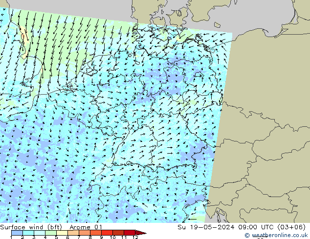 Bodenwind (bft) Arome 01 So 19.05.2024 09 UTC
