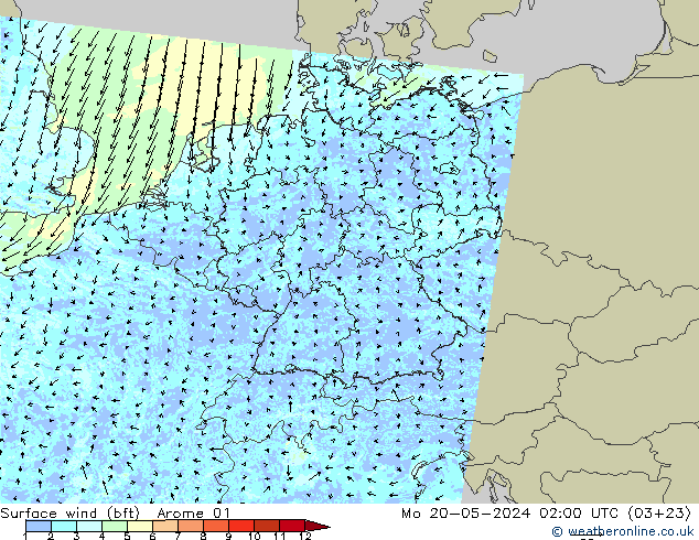 wiatr 10 m (bft) Arome 01 pon. 20.05.2024 02 UTC