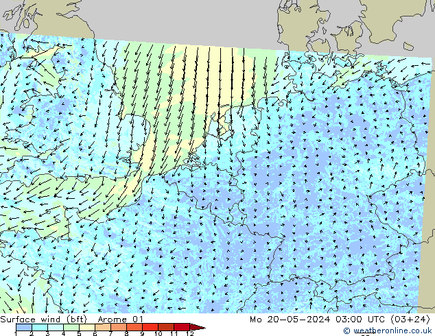 wiatr 10 m (bft) Arome 01 pon. 20.05.2024 03 UTC