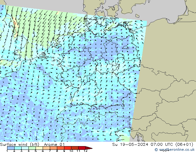Surface wind (bft) Arome 01 Su 19.05.2024 07 UTC