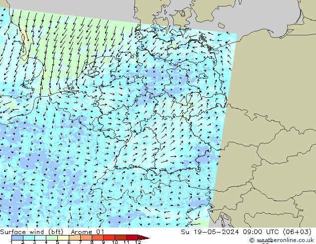 Bodenwind (bft) Arome 01 So 19.05.2024 09 UTC