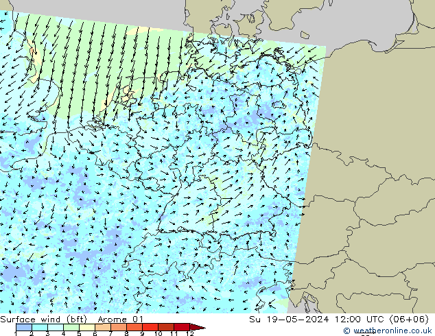 Wind 10 m (bft) Arome 01 zo 19.05.2024 12 UTC
