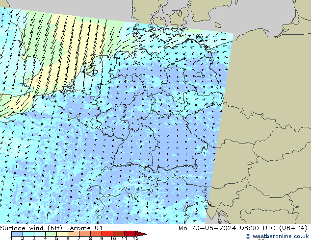 Bodenwind (bft) Arome 01 Mo 20.05.2024 06 UTC