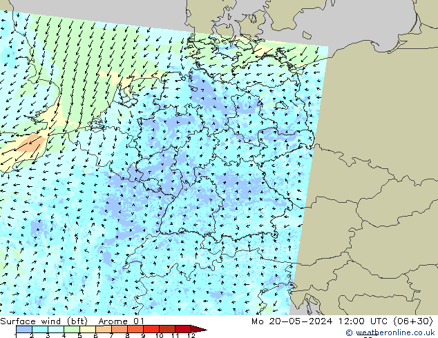Bodenwind (bft) Arome 01 Mo 20.05.2024 12 UTC
