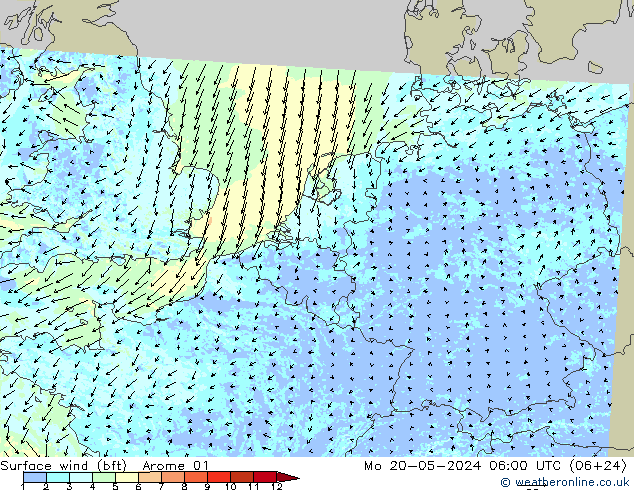 wiatr 10 m (bft) Arome 01 pon. 20.05.2024 06 UTC