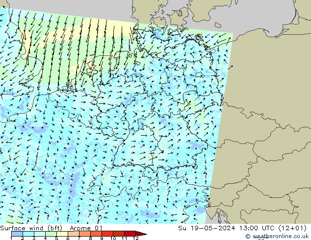 wiatr 10 m (bft) Arome 01 nie. 19.05.2024 13 UTC