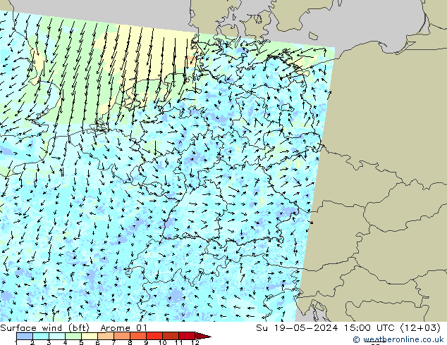 Wind 10 m (bft) Arome 01 zo 19.05.2024 15 UTC
