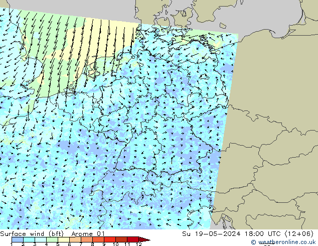 Wind 10 m (bft) Arome 01 zo 19.05.2024 18 UTC