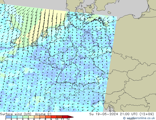wiatr 10 m (bft) Arome 01 nie. 19.05.2024 21 UTC