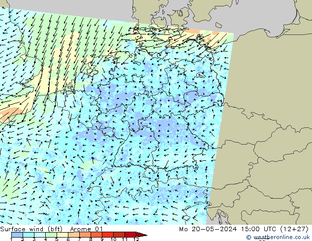 Wind 10 m (bft) Arome 01 ma 20.05.2024 15 UTC