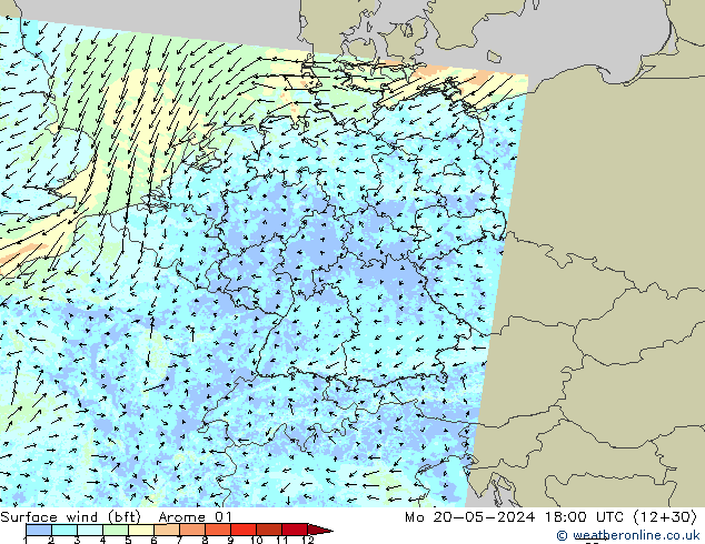 Bodenwind (bft) Arome 01 Mo 20.05.2024 18 UTC