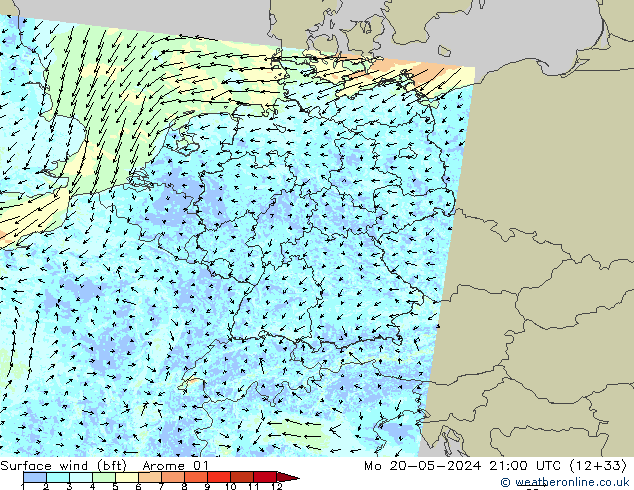 Surface wind (bft) Arome 01 Mo 20.05.2024 21 UTC