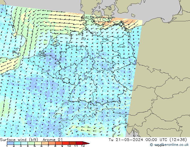 Surface wind (bft) Arome 01 Út 21.05.2024 00 UTC
