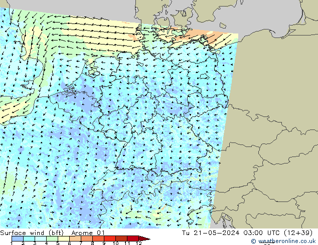 Wind 10 m (bft) Arome 01 di 21.05.2024 03 UTC