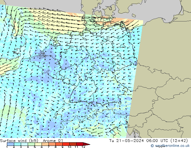 Surface wind (bft) Arome 01 Út 21.05.2024 06 UTC
