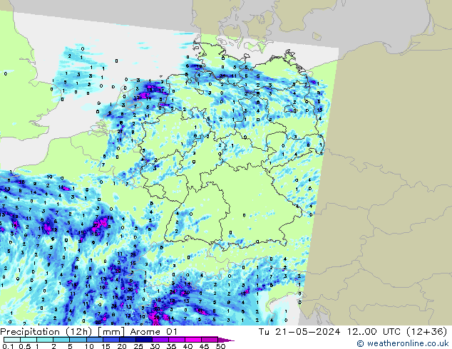 Precipitation (12h) Arome 01 Tu 21.05.2024 00 UTC
