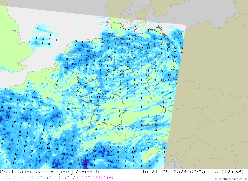 Totale neerslag Arome 01 di 21.05.2024 00 UTC
