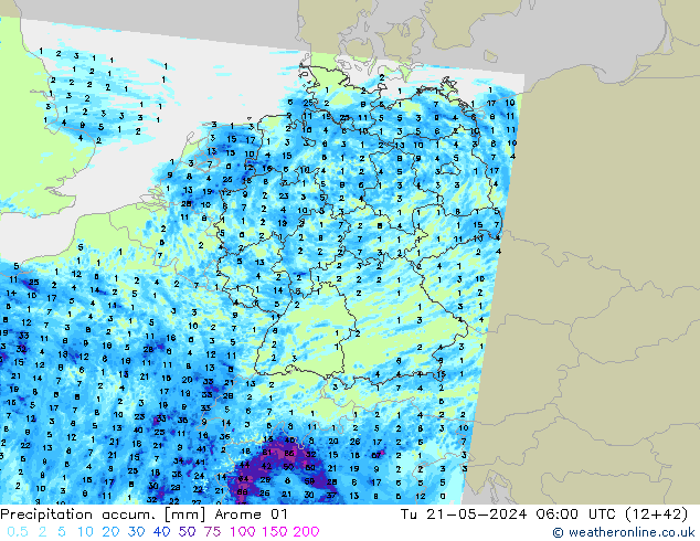 Totale neerslag Arome 01 di 21.05.2024 06 UTC