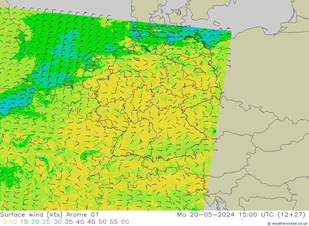 wiatr 10 m Arome 01 pon. 20.05.2024 15 UTC