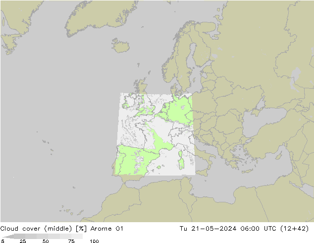 Cloud cover (middle) Arome 01 Tu 21.05.2024 06 UTC