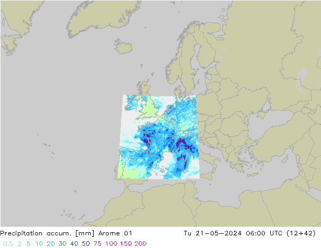 Totale neerslag Arome 01 di 21.05.2024 06 UTC