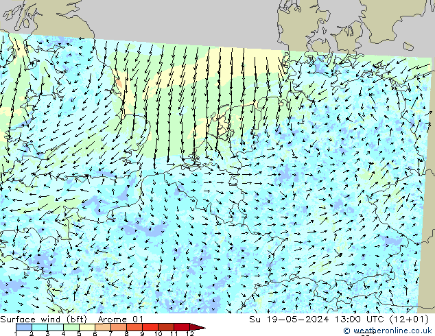 Viento 10 m (bft) Arome 01 dom 19.05.2024 13 UTC