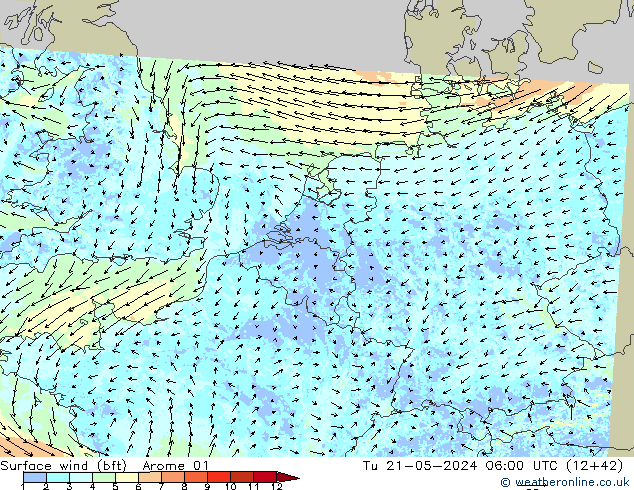 Wind 10 m (bft) Arome 01 di 21.05.2024 06 UTC