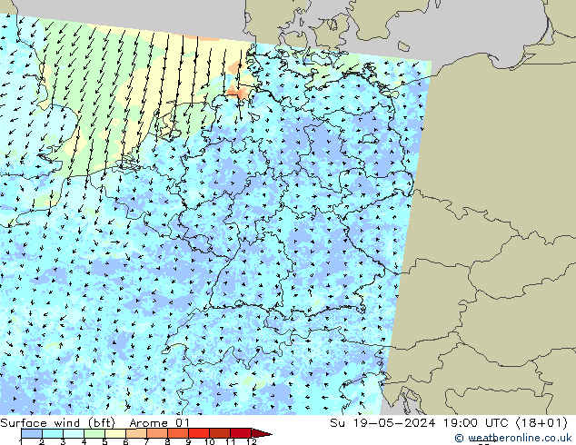 Surface wind (bft) Arome 01 Su 19.05.2024 19 UTC