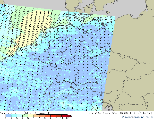 wiatr 10 m (bft) Arome 01 pon. 20.05.2024 06 UTC