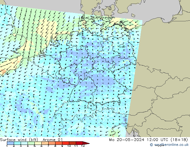 wiatr 10 m (bft) Arome 01 pon. 20.05.2024 12 UTC