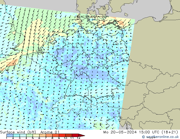 wiatr 10 m (bft) Arome 01 pon. 20.05.2024 15 UTC