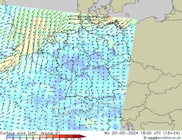 wiatr 10 m (bft) Arome 01 pon. 20.05.2024 18 UTC