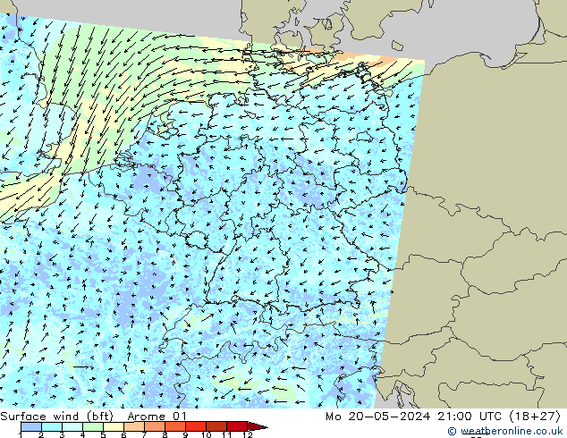 wiatr 10 m (bft) Arome 01 pon. 20.05.2024 21 UTC
