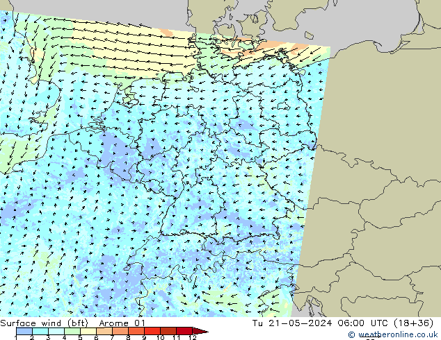 Vento 10 m (bft) Arome 01 mar 21.05.2024 06 UTC
