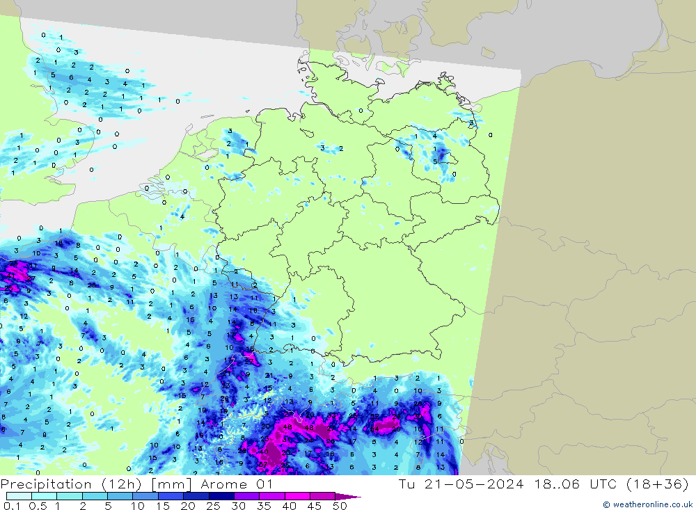 Precipitation (12h) Arome 01 Tu 21.05.2024 06 UTC