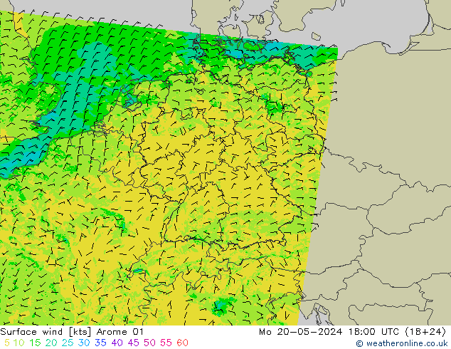 风 10 米 Arome 01 星期一 20.05.2024 18 UTC