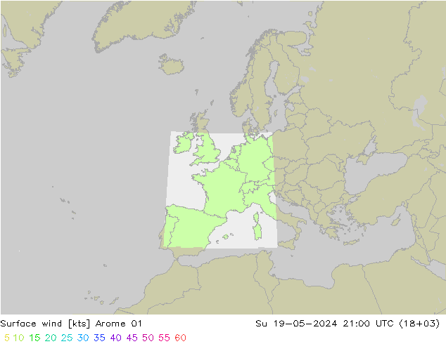 wiatr 10 m Arome 01 nie. 19.05.2024 21 UTC