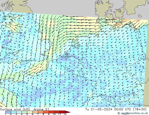 Wind 10 m (bft) Arome 01 di 21.05.2024 00 UTC