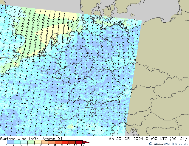 Surface wind (bft) Arome 01 Mo 20.05.2024 01 UTC