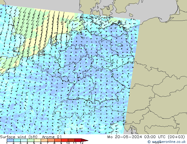 Surface wind (bft) Arome 01 Mo 20.05.2024 03 UTC
