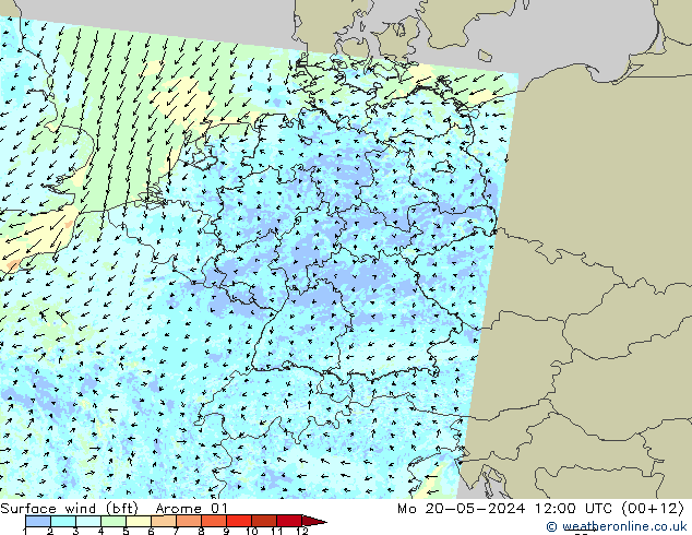 Surface wind (bft) Arome 01 Po 20.05.2024 12 UTC