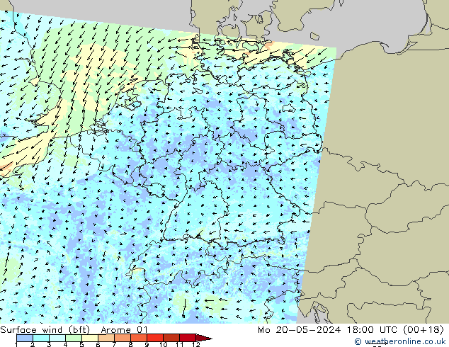 Wind 10 m (bft) Arome 01 ma 20.05.2024 18 UTC