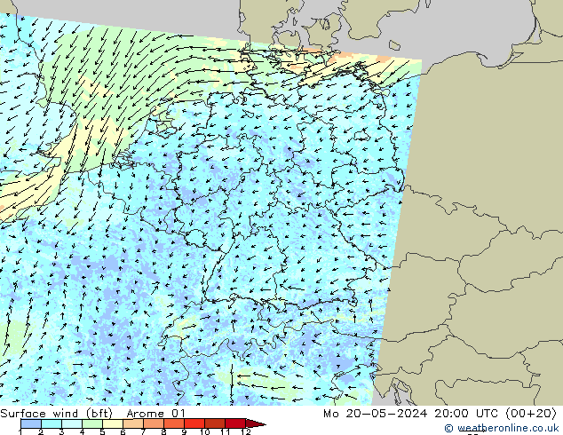 Bodenwind (bft) Arome 01 Mo 20.05.2024 20 UTC