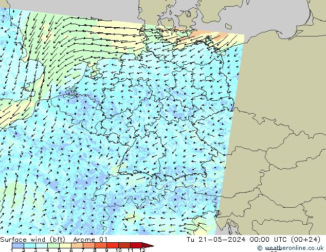 Surface wind (bft) Arome 01 Út 21.05.2024 00 UTC
