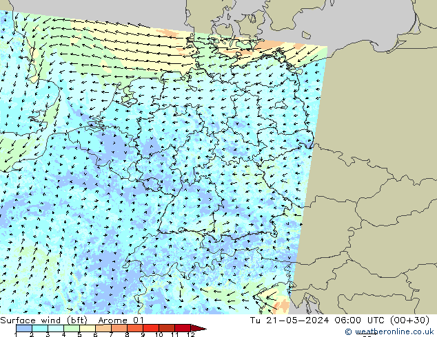 Vent 10 m (bft) Arome 01 mar 21.05.2024 06 UTC
