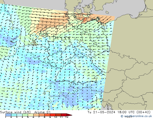 wiatr 10 m (bft) Arome 01 wto. 21.05.2024 18 UTC