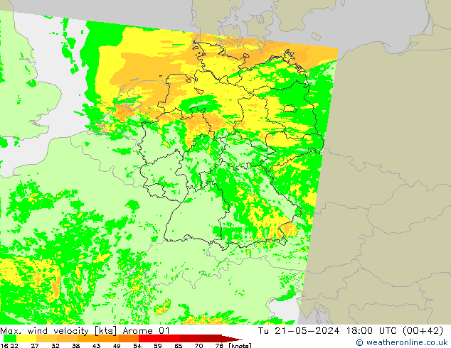 Max. wind velocity Arome 01  21.05.2024 18 UTC