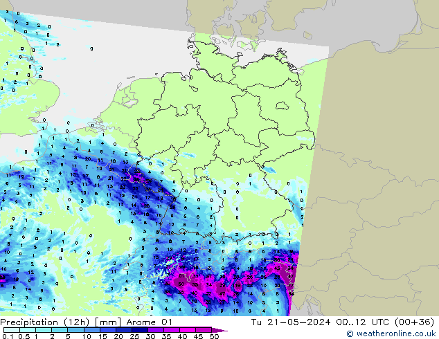Totale neerslag (12h) Arome 01 di 21.05.2024 12 UTC