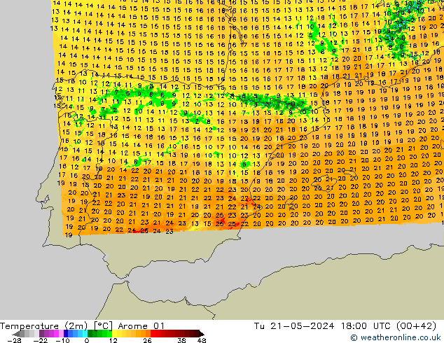 Sıcaklık Haritası (2m) Arome 01 Sa 21.05.2024 18 UTC