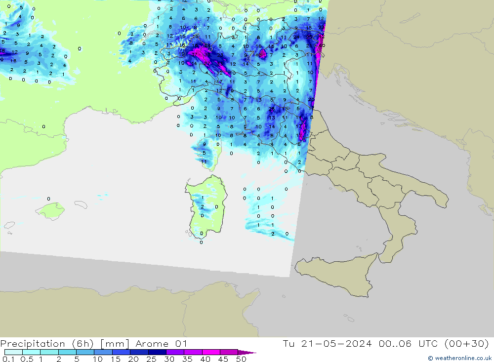Precipitation (6h) Arome 01 Tu 21.05.2024 06 UTC
